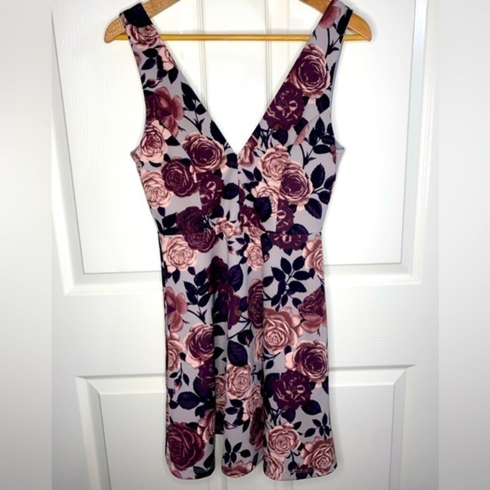 Charlotte Russe Gray and Purple Roses Mini Dress Size Small, Whimsigoth